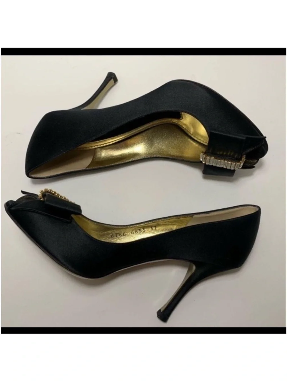 Dolce & Gabbana Black Satin Peep-Toe Pumps with Gold Lining and Crystal Bow